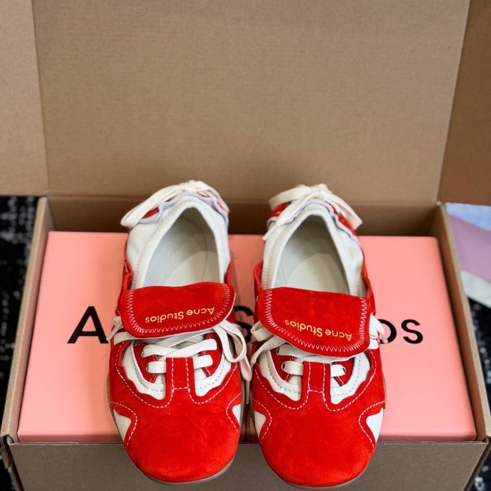 Acne Red and White Suede Strap Sneakers